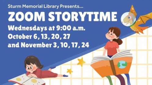 Picture of children reading and text "Zoom Storytime Wednesdays at 9:00 a.m. October 6, 13, 20, 27 and November 3, 10, 17, 24. Registration required. Contact the Library at 920-596-2252 for more information.